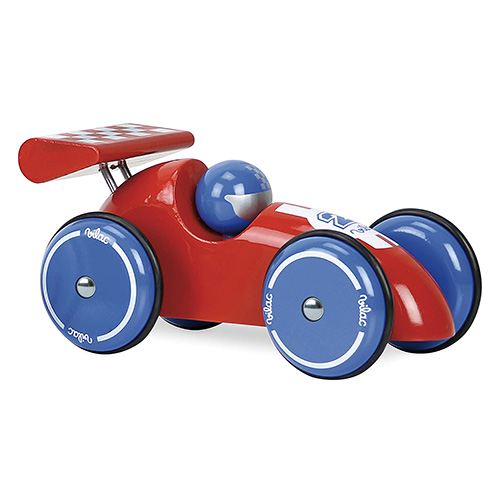 Vilac Závodní auto XL červené s modrými koly, Rozměry: 23x11,5x12,5 cm Věk: 3+ Materiál: dřevo