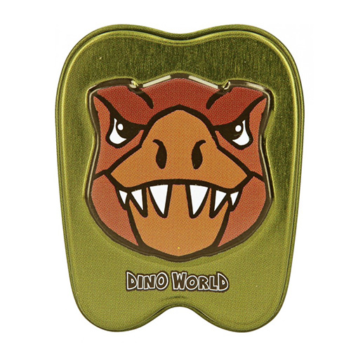 Plechová krabička Dino World ASST, T-Rex, tmavě zelená