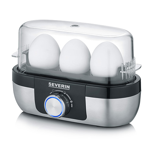 Vařič vajec Severin, EK 3163, přesná kontrola času vaření, nerez, 1 - 3 vejce, tepelná bezpečnostní pojistka, zvukový alarm, odměrka s jehlou, 270 W