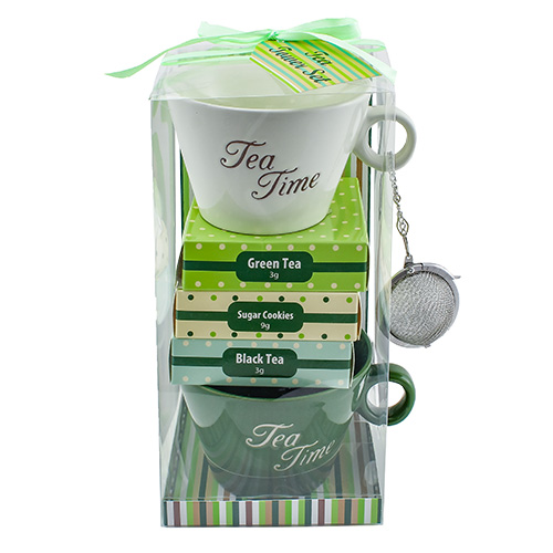 Dárková sada, Zelený čaj 3 g, Černý čaj 3 g, 2 x keramický hrnek s nápisem Tea Time, 200 ml, sušenky 9 g, sítko | CCO-08587