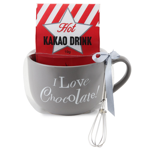Dárková sada, Čokoláda 19 g, šedý keramický hrnek s nápisem, 500 ml, metlička